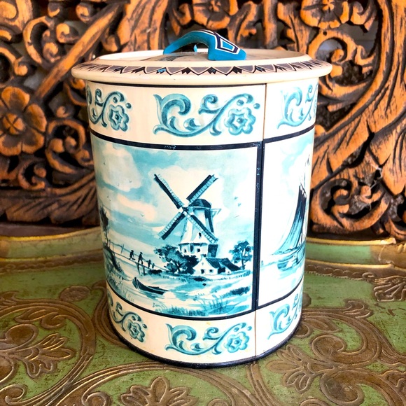 Cookie Canister Vintage Midcentury West Germany Ships and Windmill Tin - Picture 2 of 13
